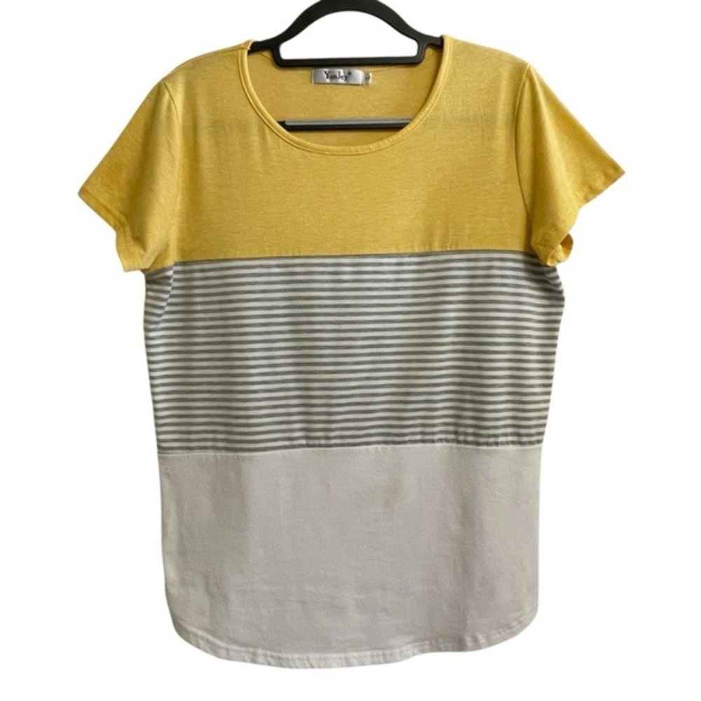YunJey Colorblock Striped T-Shirt Women Large Yellow Grey White